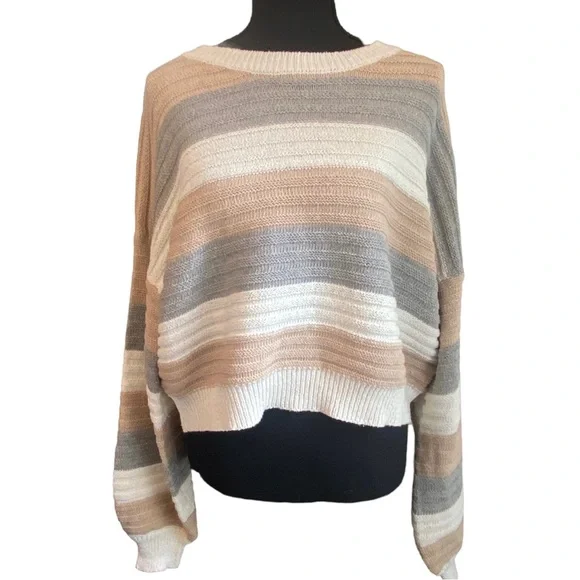 🌟🔥 BOGO Sale🔥🌟 Dreamers by Debut Tan/Grey/White Crew Neck Cropped Knit Sweater - Picture 6 of 8